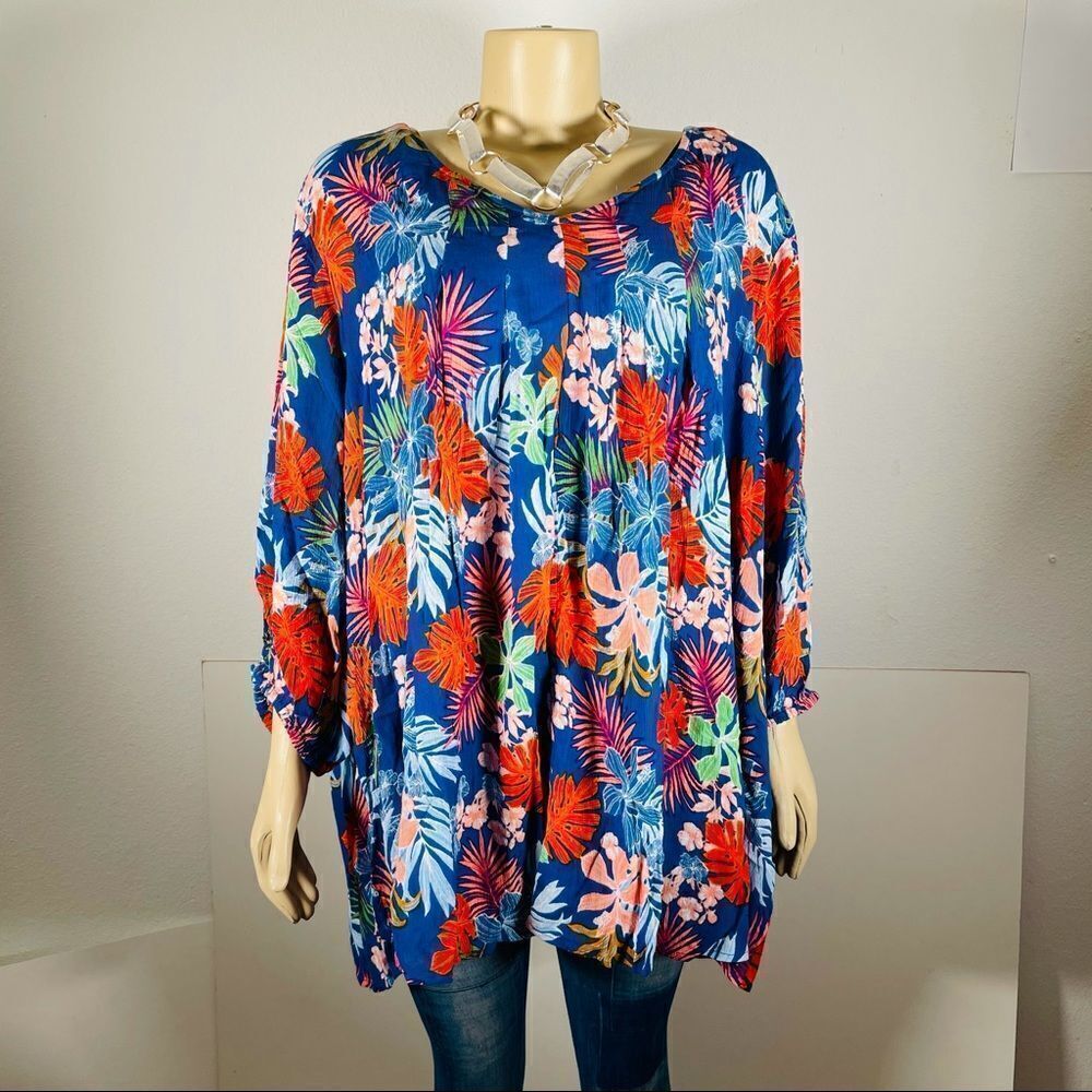 NWT Woman Within Sz 26-28 Tropical Blouse 4X / XXXXL  Blue Green Floral New tags